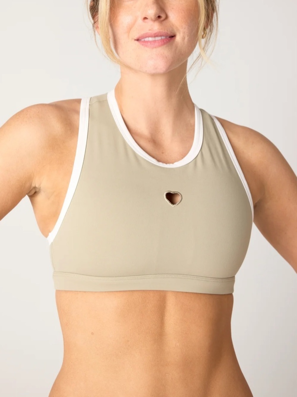 Daughter Lessons Love Bra Cut Out Heart Detail Sports Bra in Sage. Size M